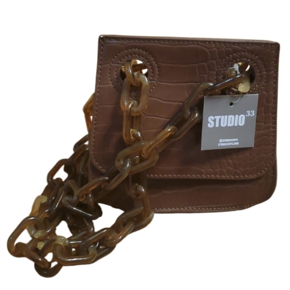 Studio 33 Brown OG Woke Shoulder Flap Women's Shoulder Bag with‎ Chain Strap NWT